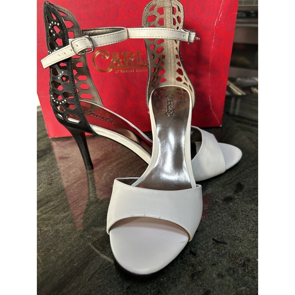 Carlos Women's Black  Floral Stiletto Heels Size 7 White Open Toe, Ankle Straps - Picture 4 of 6
